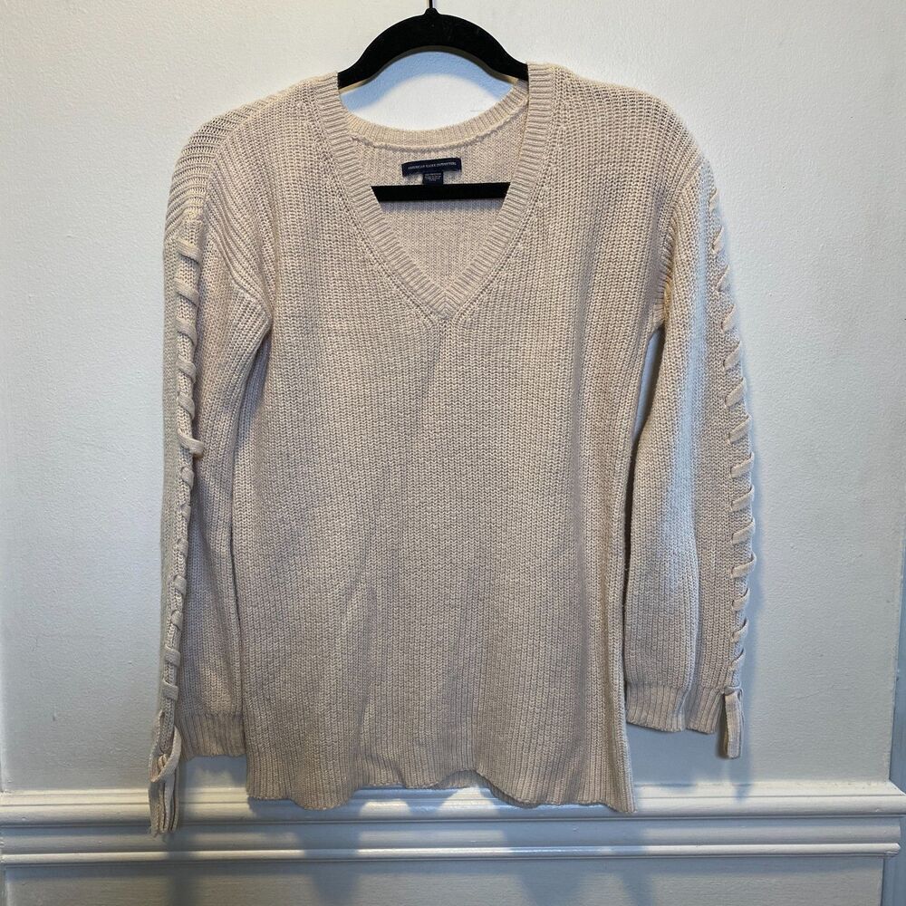 Cozy Ribbed Knit Lace-Up Sleeve Sweater V-Neck Beige Pullover XS Fall Core